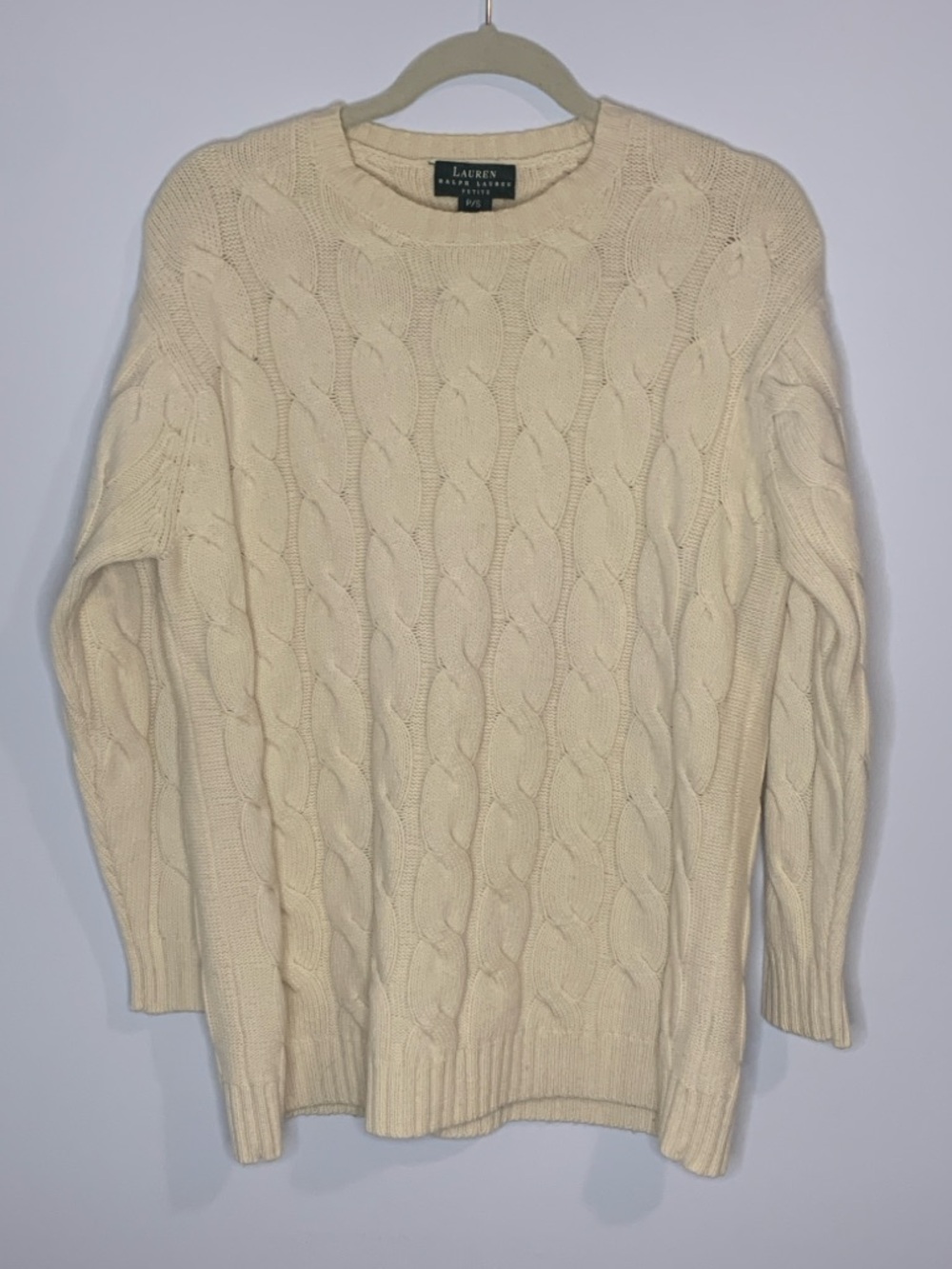 Lauren Ralph Lauren Vintage Cashmere Wool Angora Ivory Cable Knit Sweater